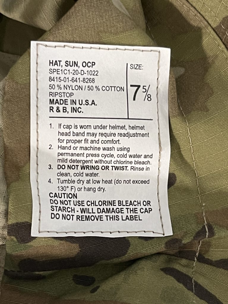 Made in the U.S.A. labeling for military clothing. 